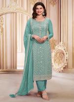 Georgette Sea Green Wedding Wear Embroidery Work Straight Suit